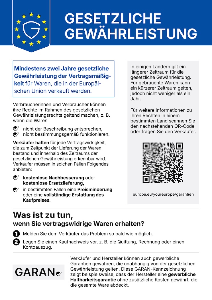 Gesetzliche Gewährleistung – mindestens 2 Jahre (EU-Mitteilung)